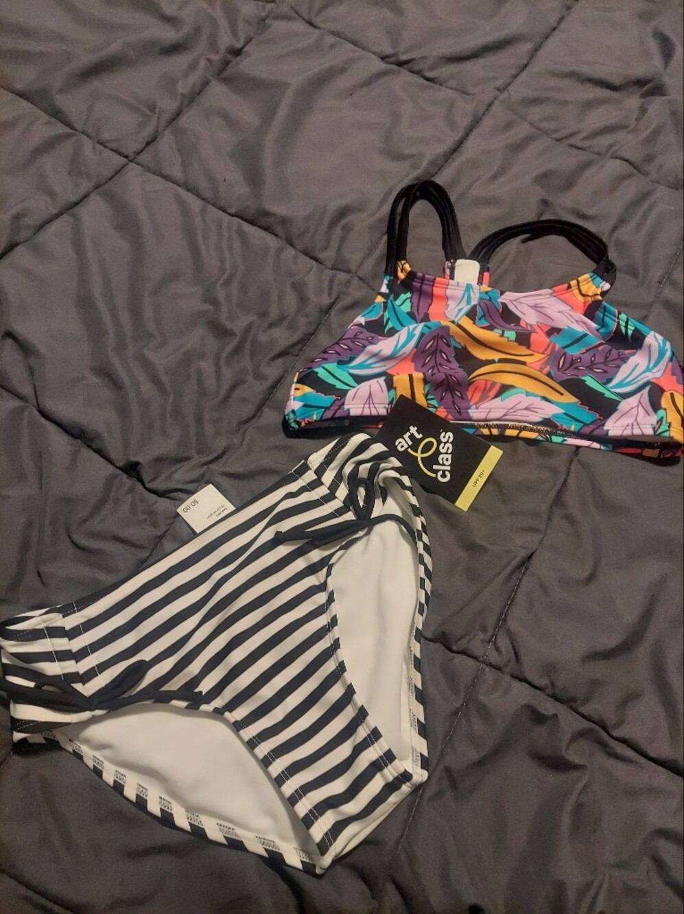 NWT Art Class Girls L (10/12) Tropical Floral & Striped Bikini Swimsuit Set UPF
